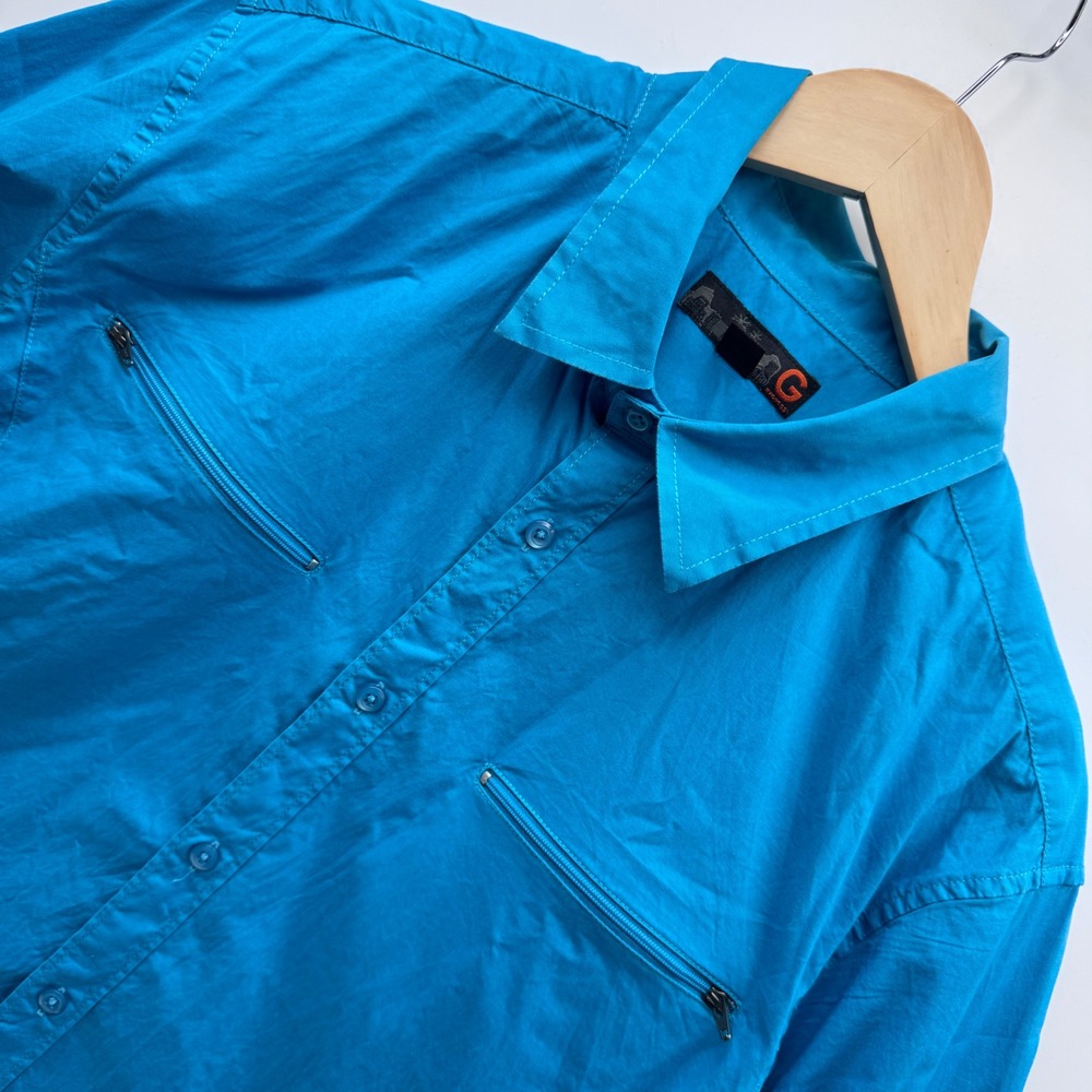 G by Guess Button Down Shirt XL Blue Long Sleeve Zipper Pockets Z21H0801000